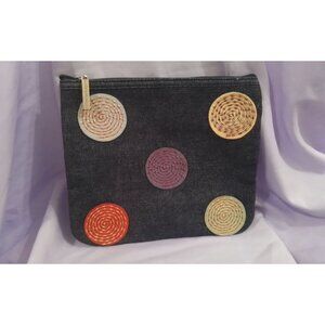 Bath & Body Works Denim Cosmetic Makeup Pouch Bag Spiral Embroidery Design